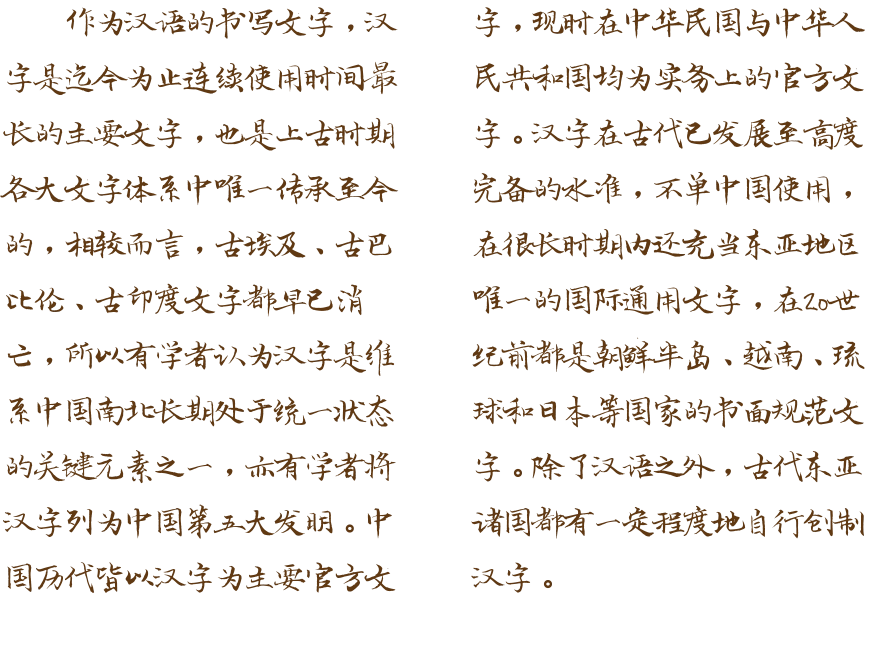 作为汉语的书写文字，汉字是迄今为止连续使用时间最长的主要文字，也是上古时期各大文字体系中唯一传承至今的，相较而言，古埃及、古巴比伦、古印度文字都早已消亡，所以有学者认为汉字是维系中国南北长期处于统一状态的关键元素之一，亦有学者将汉字列为中国第五大发明。中国历代皆以汉字为主要官方文字，现时在中华民国与中华人民共和国均为实务上的官方文字。汉字在古代已发展至高度完备的水准，不单中国使用，在很长时期内还充当东亚地区唯一的国际通用文字，在20世纪前都是朝鲜半岛、越南、琉球和日本等国家的书面规范文字。除了汉语之外，古代东亚诸国都有一定程度地自行创制汉字。